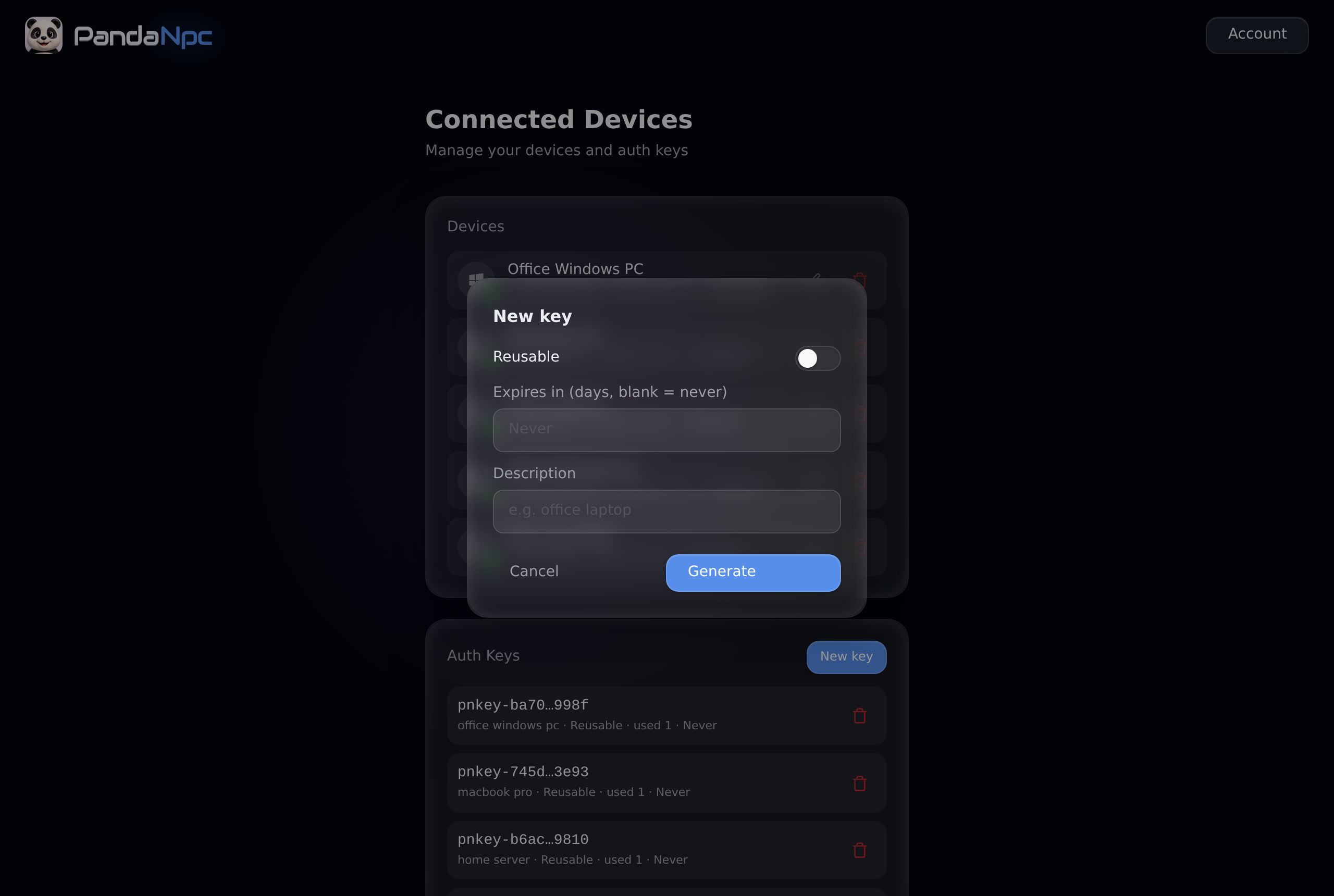 Generate an auth key: optional reusable/one-time, expiration, and description