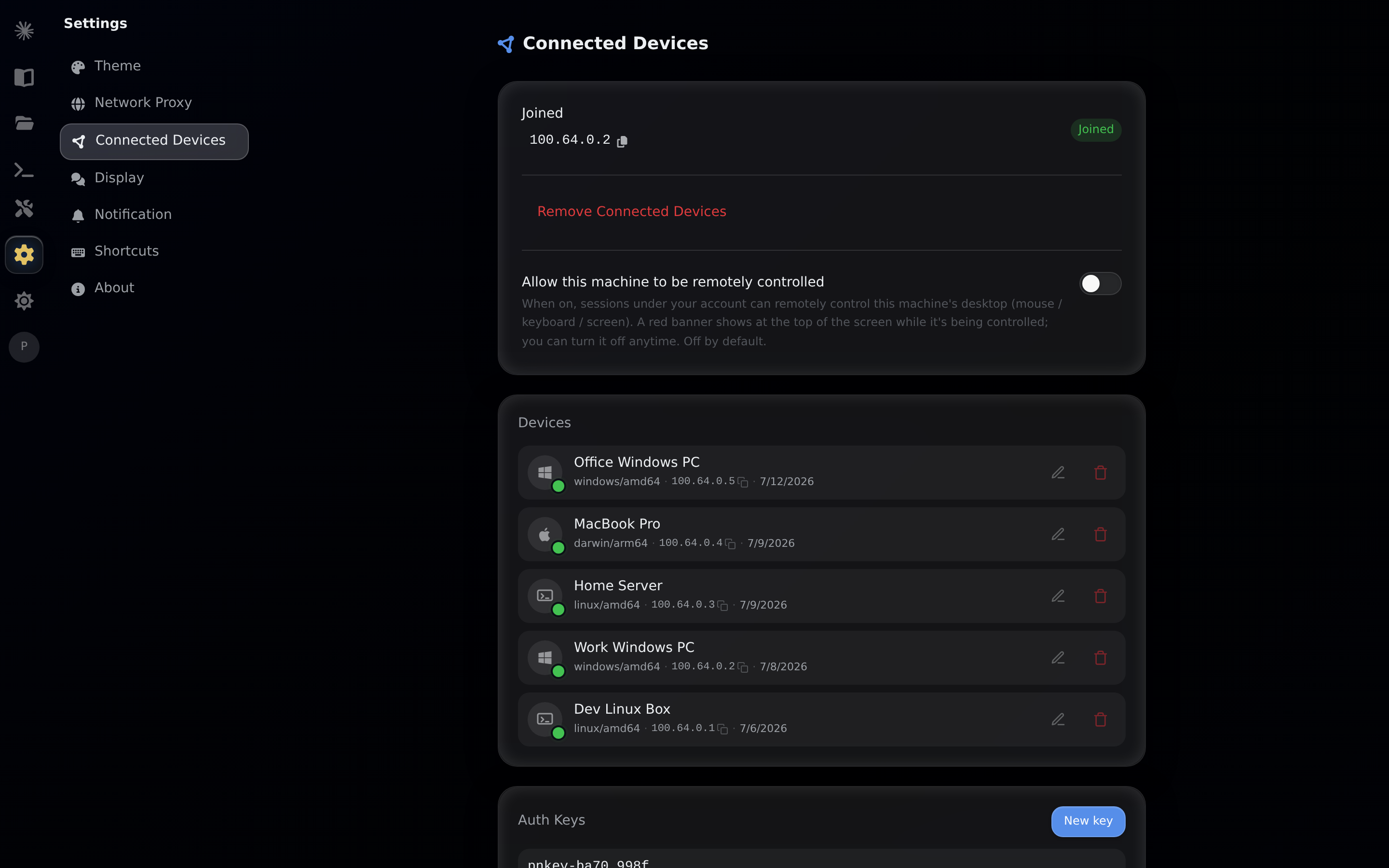Joined status: shows the device's private IP, clickable to copy