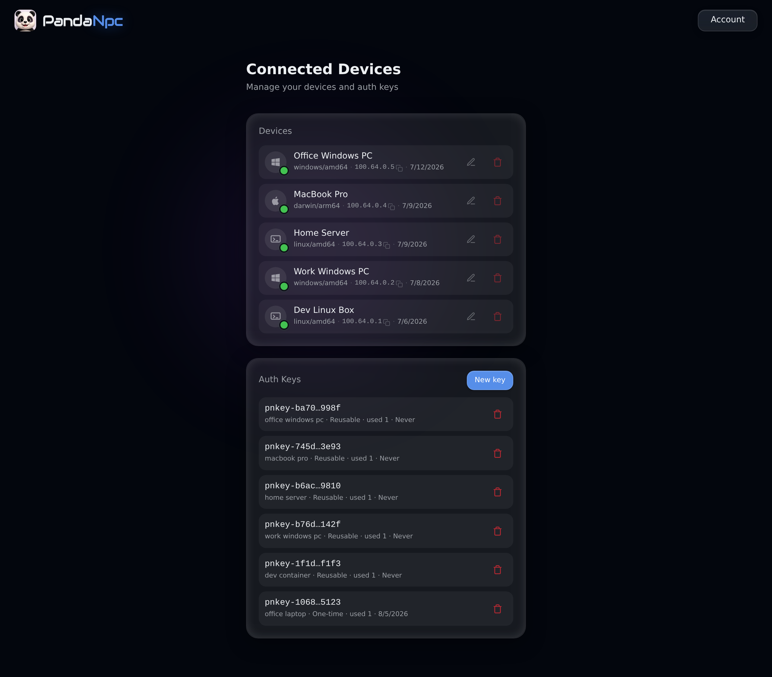 Device management page: online status, system type, private IP for all devices; supports renaming and revocation