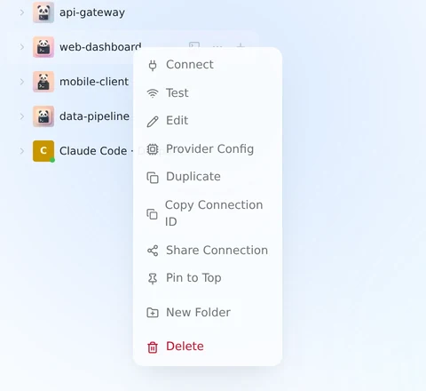 The connection context menu with "Share Connection" highlighted