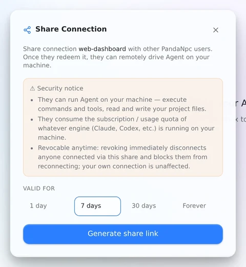 The Share Connection dialog, showing the security notice and the expiry options