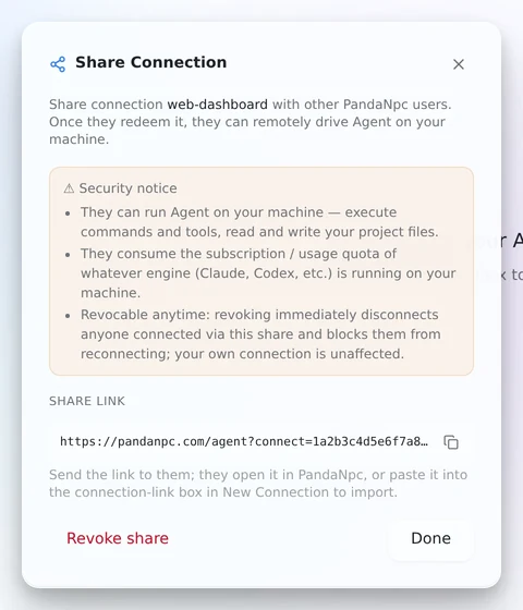 The generated share link with a copy button and a "Revoke share" action