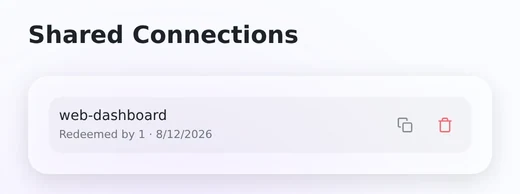 The Shared Connections page listing an active share with its redeemer count and expiry