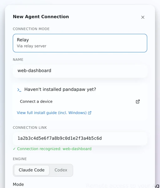 The New Agent Connection dialog, pre-filled from the share link