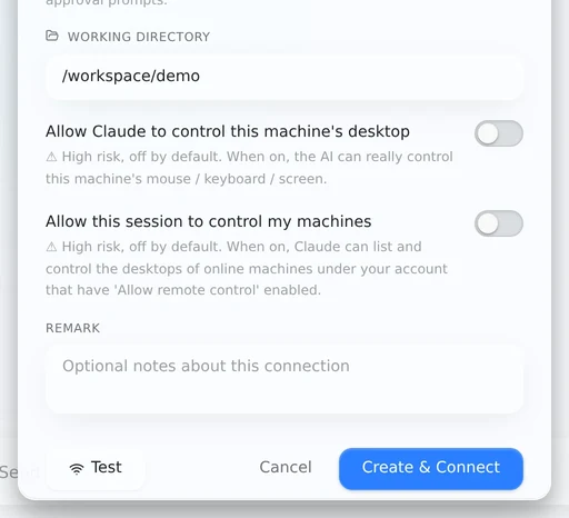The lower half of the dialog, showing the working directory and the Create & Connect button