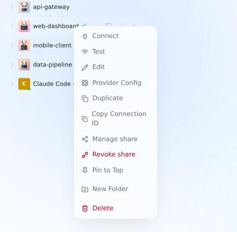 The context menu of a shared connection, showing "Manage share" and a red "Revoke share"